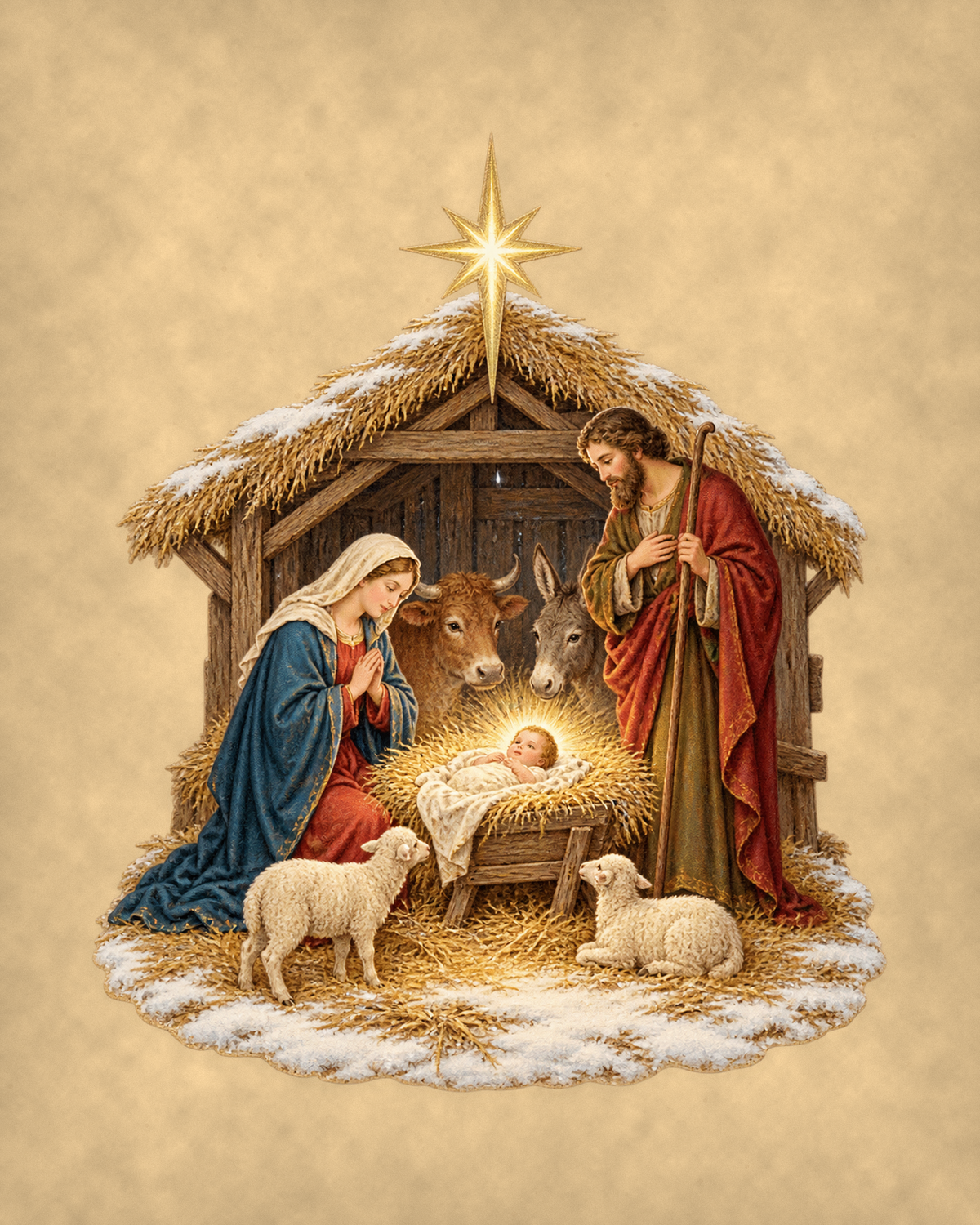 Nativity at Bethlehem vintage Christmas flat art on warm parchment