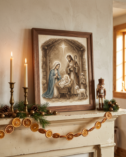 Vintage nativity 8x10 print in walnut frame on cream Christmas mantel with brass candlesticks and dried orange garland