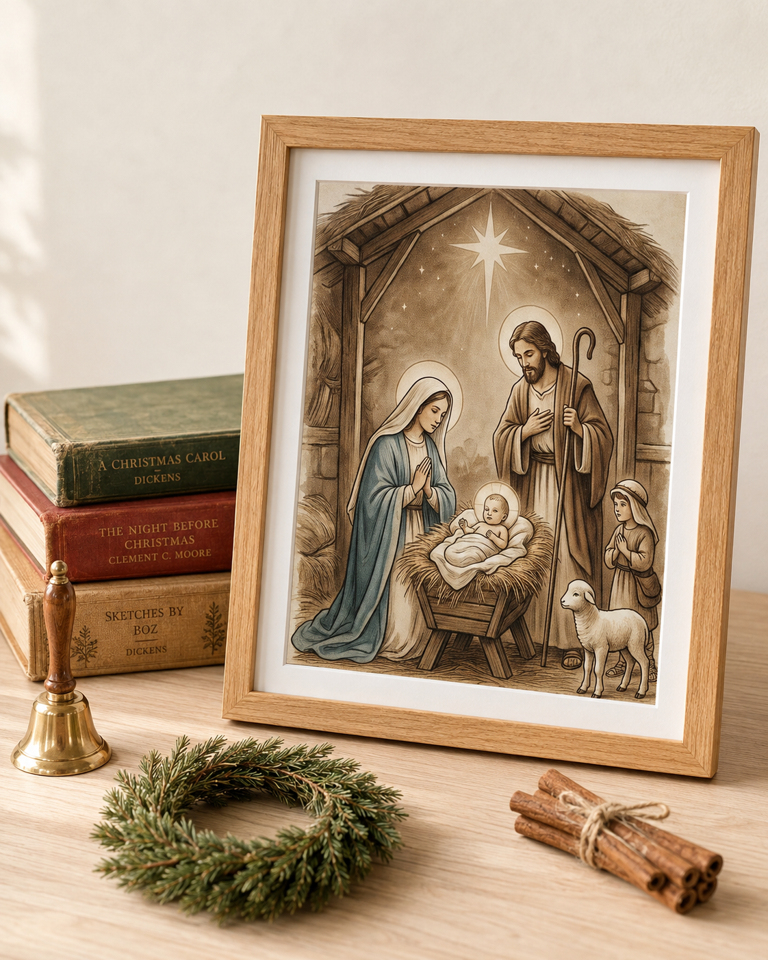 Vintage nativity 8x10 print in oak frame on Christmas tabletop with vintage books, brass bell and pine wreath