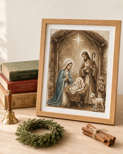Vintage nativity 8x10 print in oak frame on Christmas tabletop with vintage books, brass bell and pine wreath