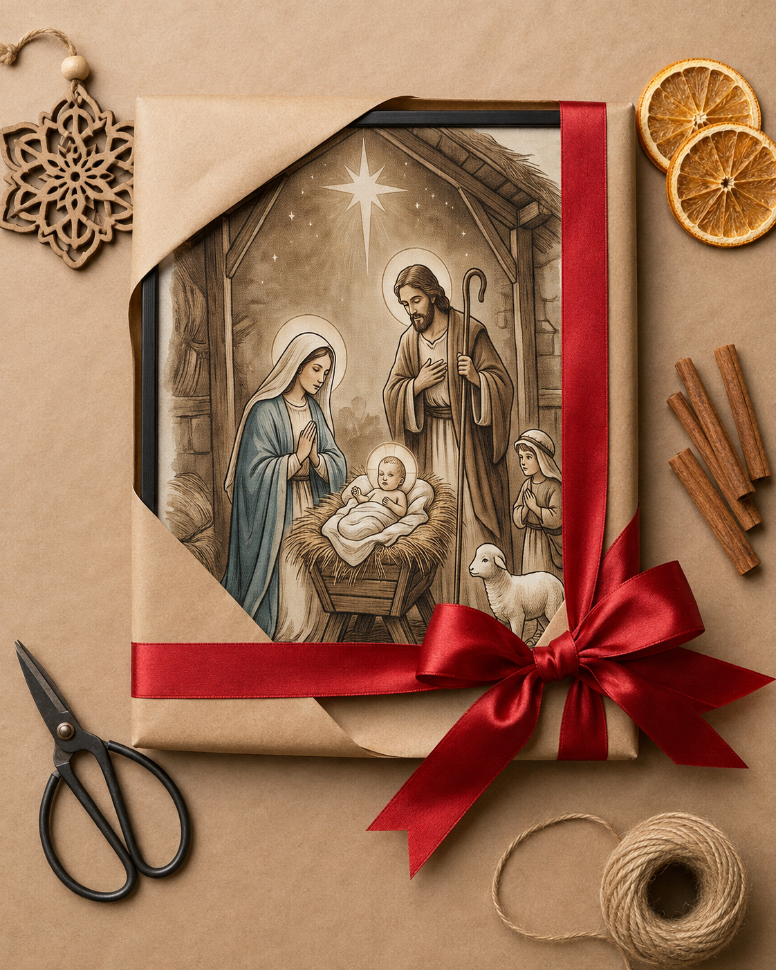 Vintage nativity 8x10 print half-wrapped in kraft paper with red ribbon as a Christmas gift