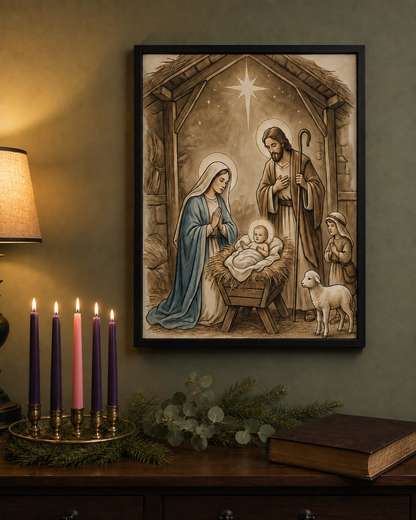 Vintage nativity 8x10 print in black frame above console table with brass Advent candles and hymn book