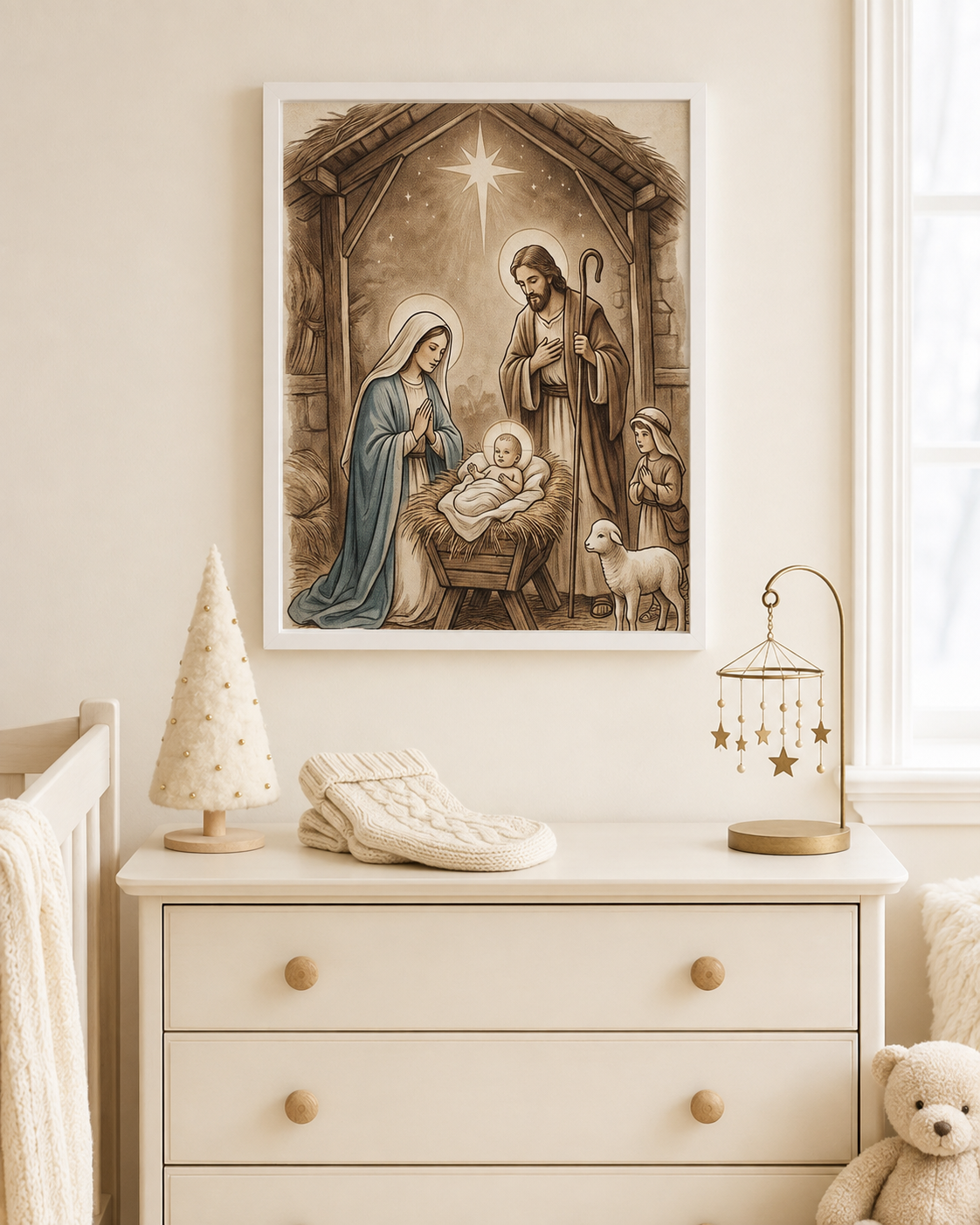 Vintage nativity 8x10 print in white frame above nursery dresser for baby first Christmas