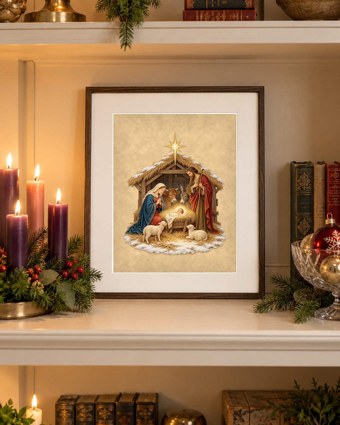 Nativity at Bethlehem print framed on a bookcase shelf beside Advent candles