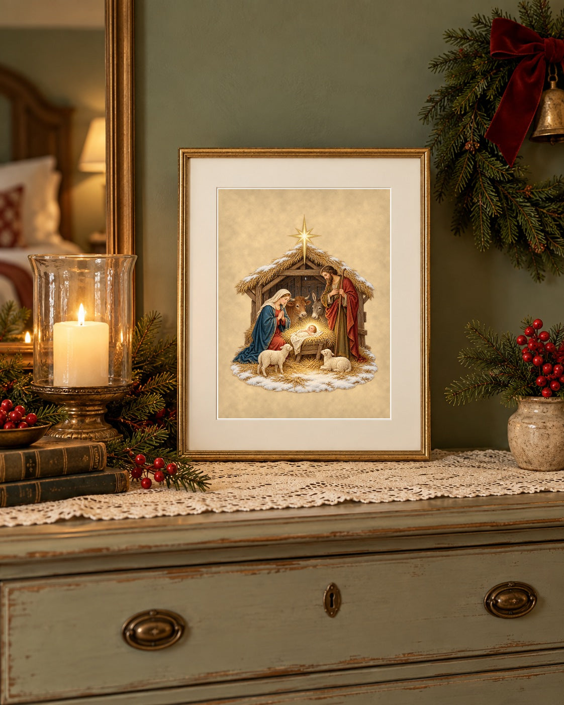 Nativity at Bethlehem print framed on a sage painted dresser with a lantern