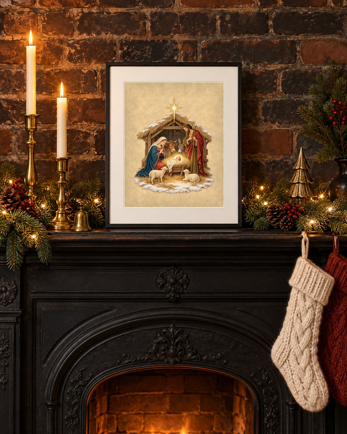 Nativity at Bethlehem print framed on a brick fireplace mantel with candles and garland