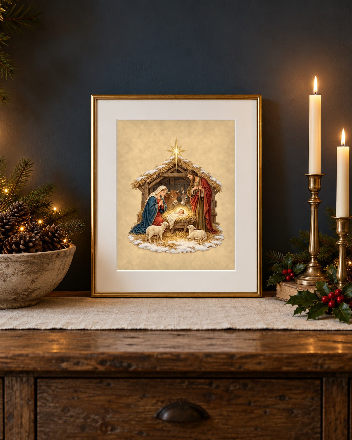 Nativity at Bethlehem print framed on a rustic sideboard with candlesticks