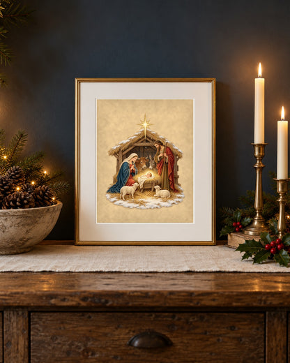 Nativity at Bethlehem print framed on a rustic sideboard with candlesticks