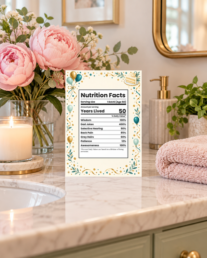 Nutrition facts birthday card on a pretty vanity