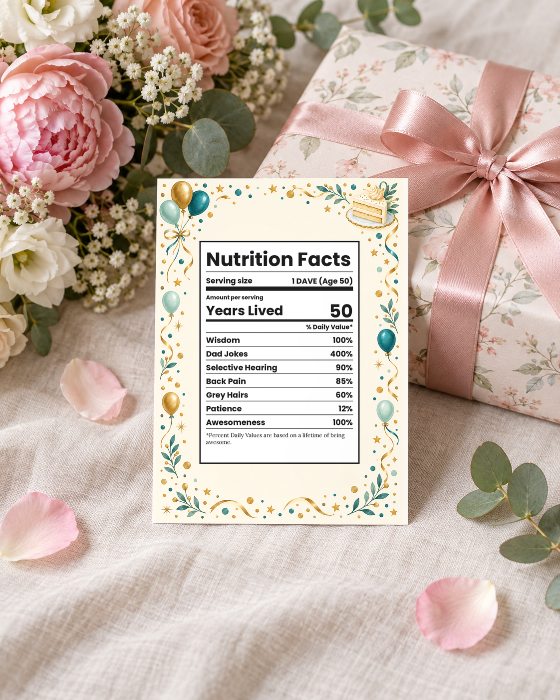 Nutrition facts birthday card leaning on a wrapped gift
