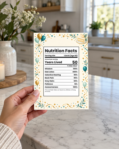 Hand holding the nutrition facts birthday card in a kitchen