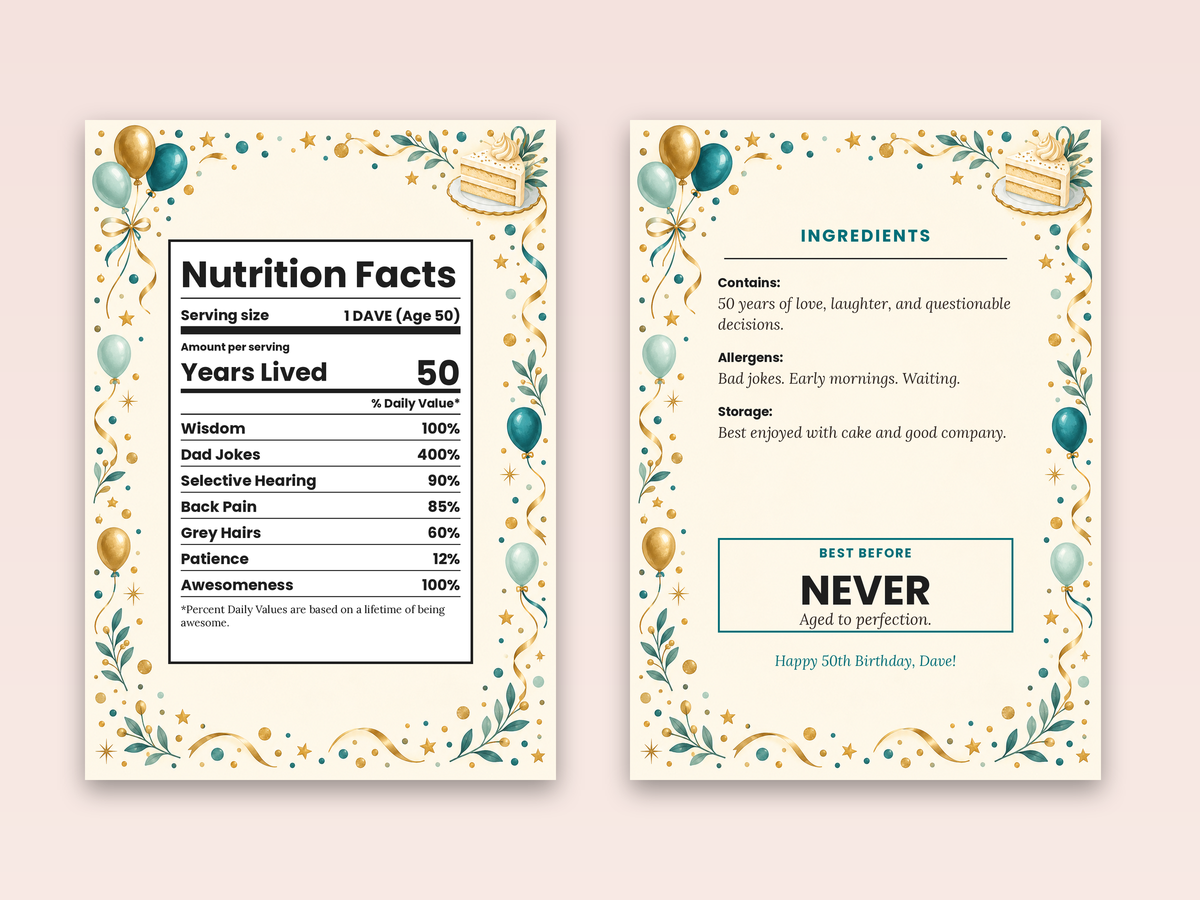 Nutrition facts card cover and ingredients message inside