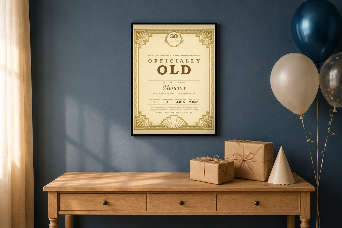 Officially Old personalized birthday certificate print styled as a birthday gift with wrapped presents and balloons