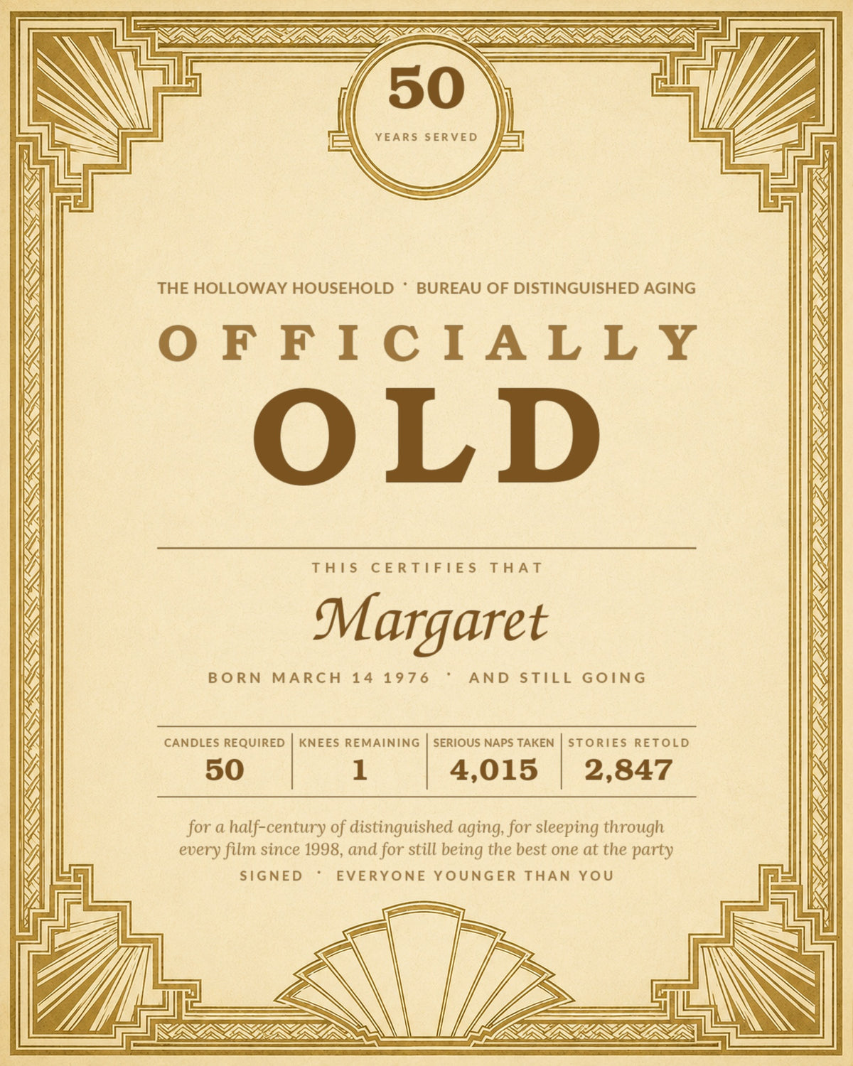 Officially Old certificate artwork detail showing custom name, age and joke statistics