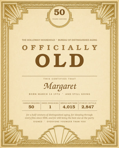 Officially Old certificate artwork detail showing custom name, age and joke statistics