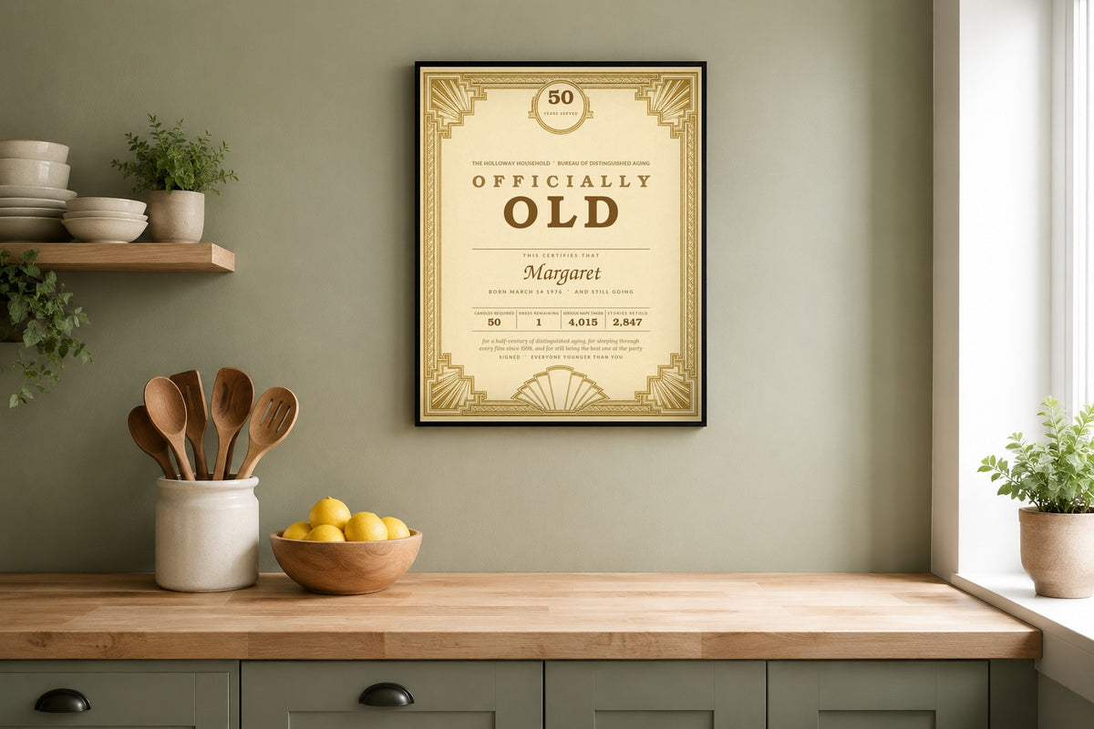 Custom milestone birthday gag gift print framed in a sage green kitchen