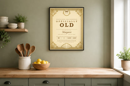 Custom milestone birthday gag gift print framed in a sage green kitchen