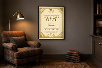 Personalized birthday certificate wall art framed in a warm grey den