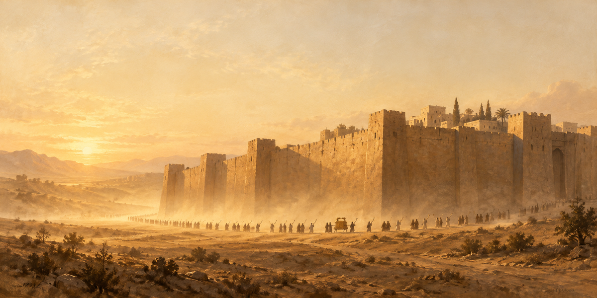 Walls of Jericho Joshua 6 artwork, full panoramic Bible scene with the procession and the ark