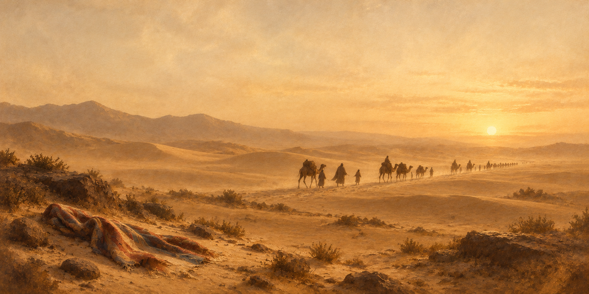 Joseph Sold Into Egypt Genesis 37 artwork, full panoramic Bible scene with the caravan and the coat