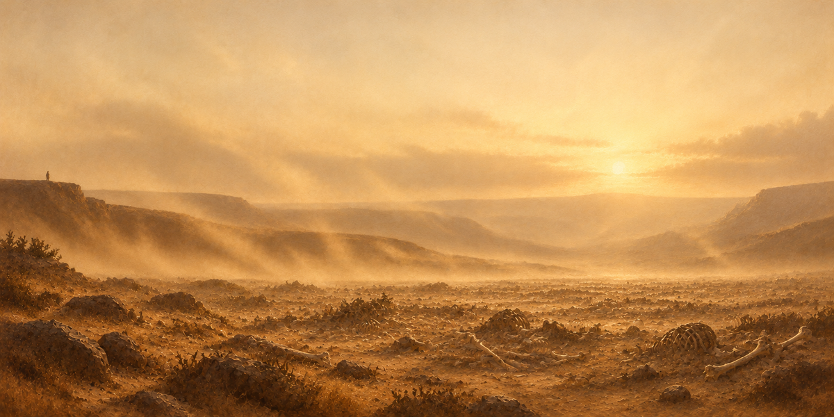 Valley of Dry Bones Ezekiel 37 artwork, full panoramic Bible scene with the prophet on the ridge