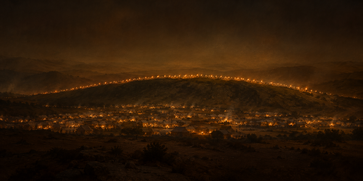 Gideon's 300 Judges 7 artwork, full panoramic night Bible scene with the arc of torches