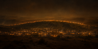 Gideon's 300 Judges 7 artwork, full panoramic night Bible scene with the arc of torches