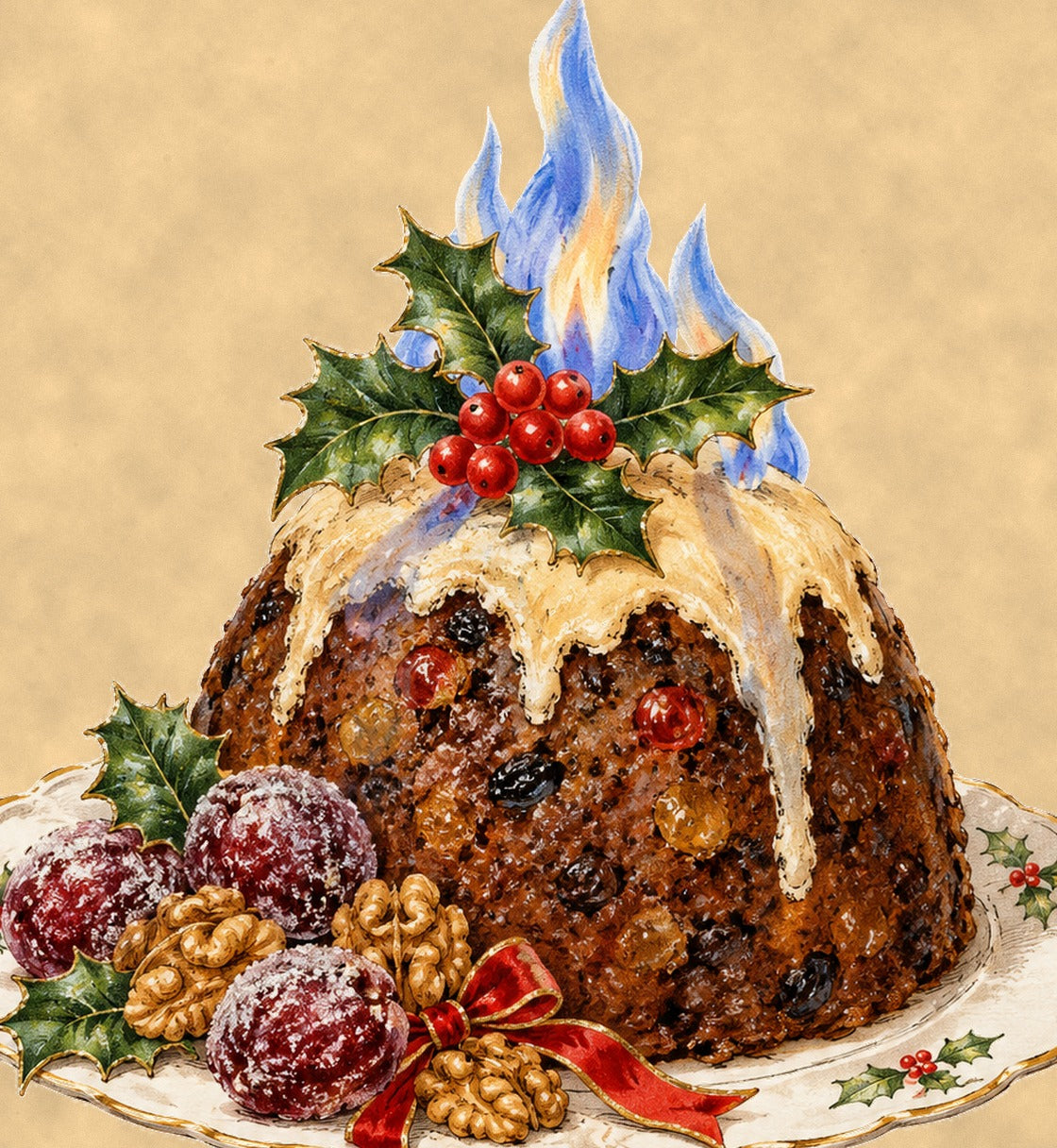 Close-up detail of the blue flames, holly, sugared plums and walnuts illustration