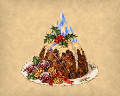 Vintage Christmas plum pudding with holly 10x8 print flat art on parchment