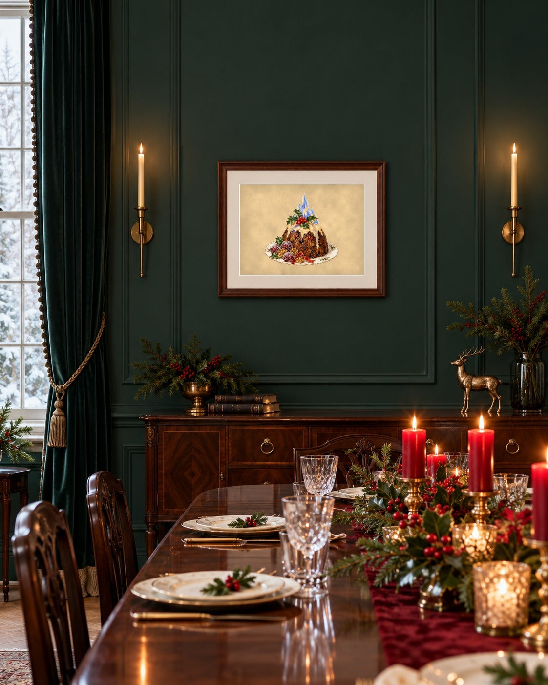 Christmas plum pudding print framed on a dark green dining room wall with brass sconces and holiday table