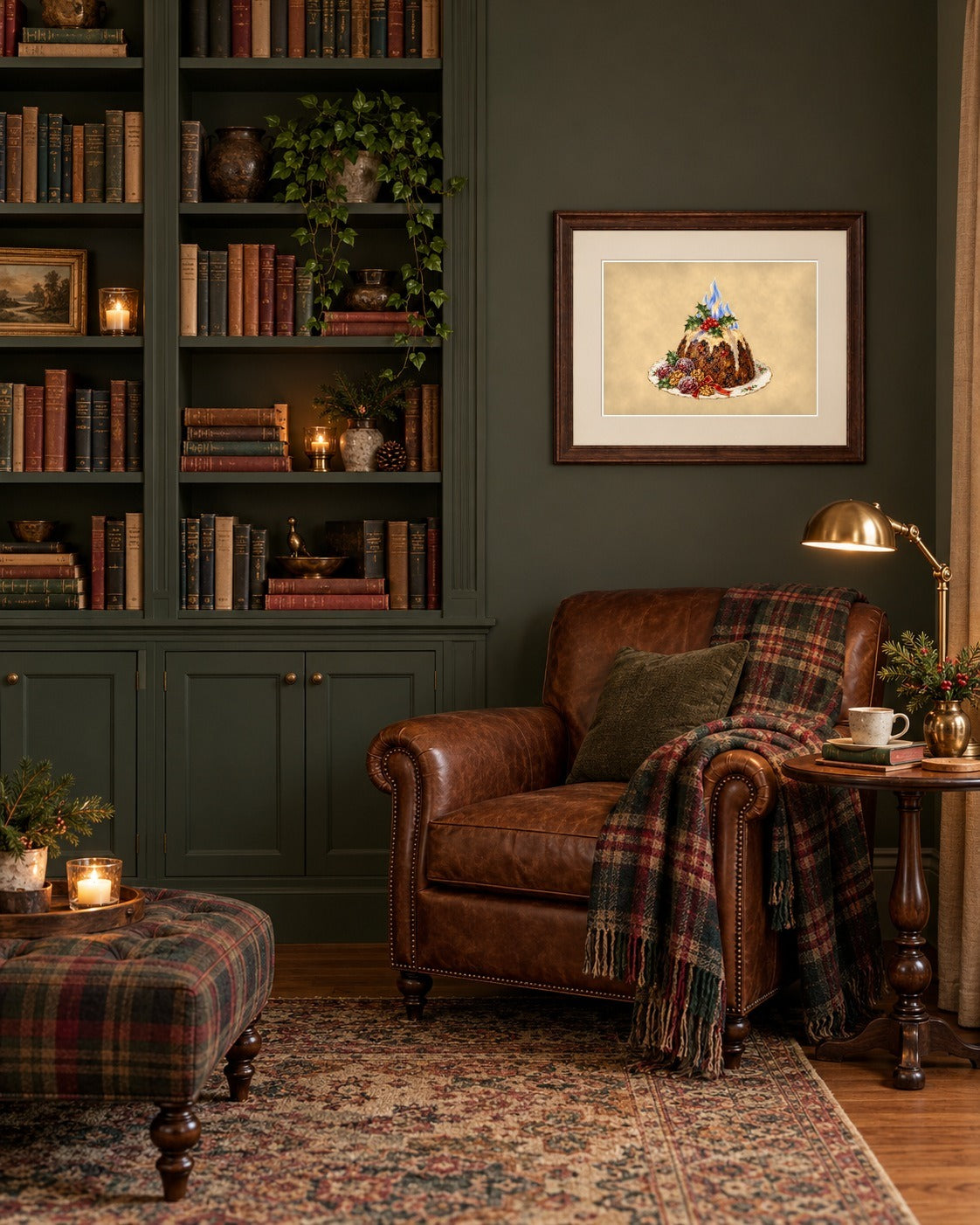 Victorian Christmas pudding print framed in a home library with leather armchair and plaid throw