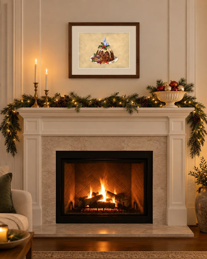 Flaming Victorian plum pudding print framed above a white fireplace mantel with garland and candles