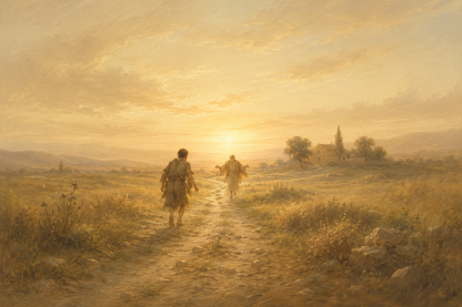 Prodigal Son artwork, golden field at sunset with the father running to meet his returning son, Luke 15:20