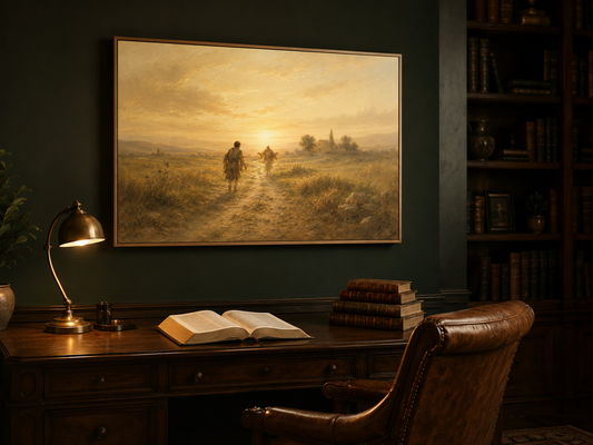 Prodigal Son canvas in a deep green study above a walnut desk with leather chair, brass lamp and open Bible