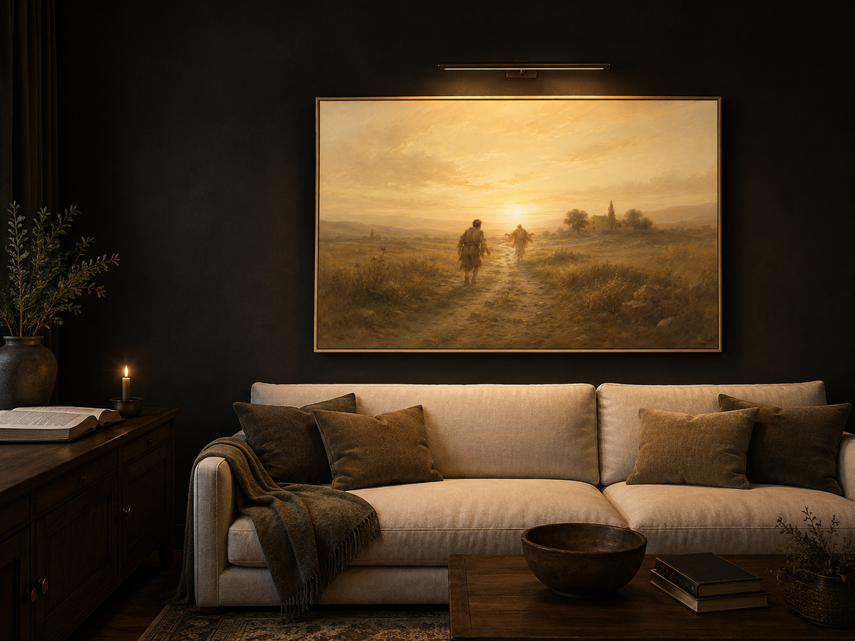 Prodigal Son canvas on a charcoal living room wall with brass picture light, cream sofa and open Bible