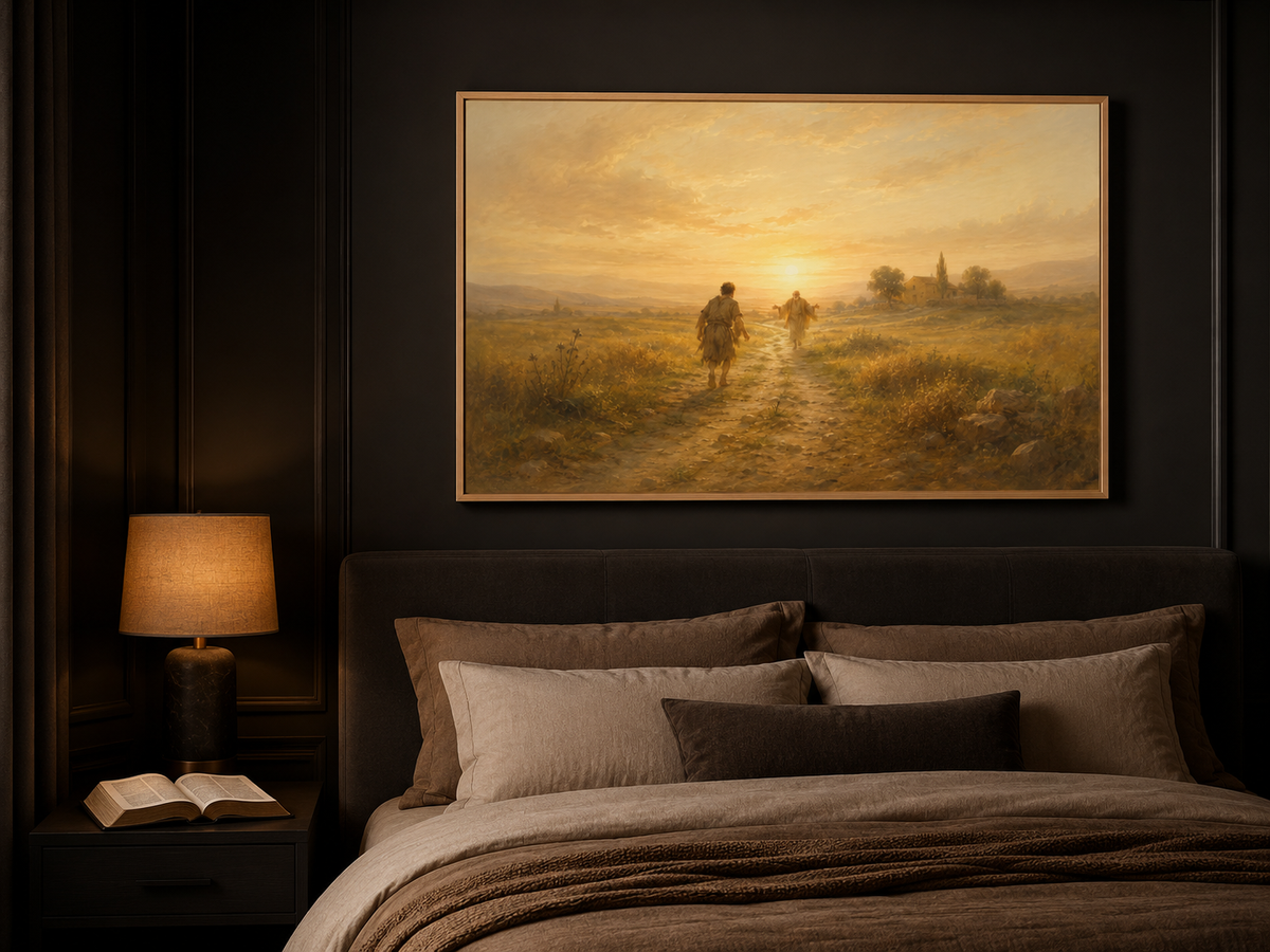 Prodigal Son canvas above a charcoal headboard in a dark moody bedroom with open Bible on the nightstand