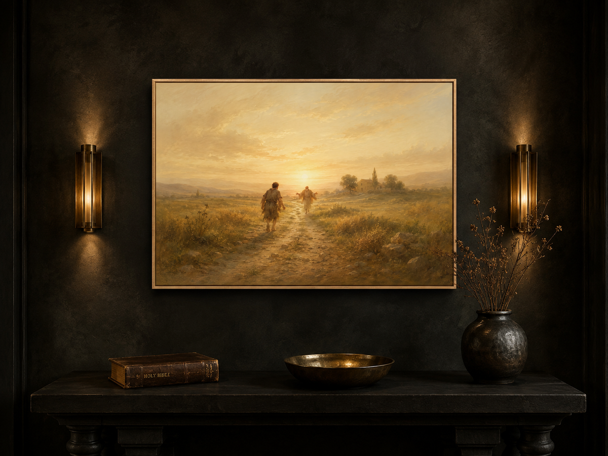 Prodigal Son canvas above a black oak entryway console with brass sconces and a leather Bible