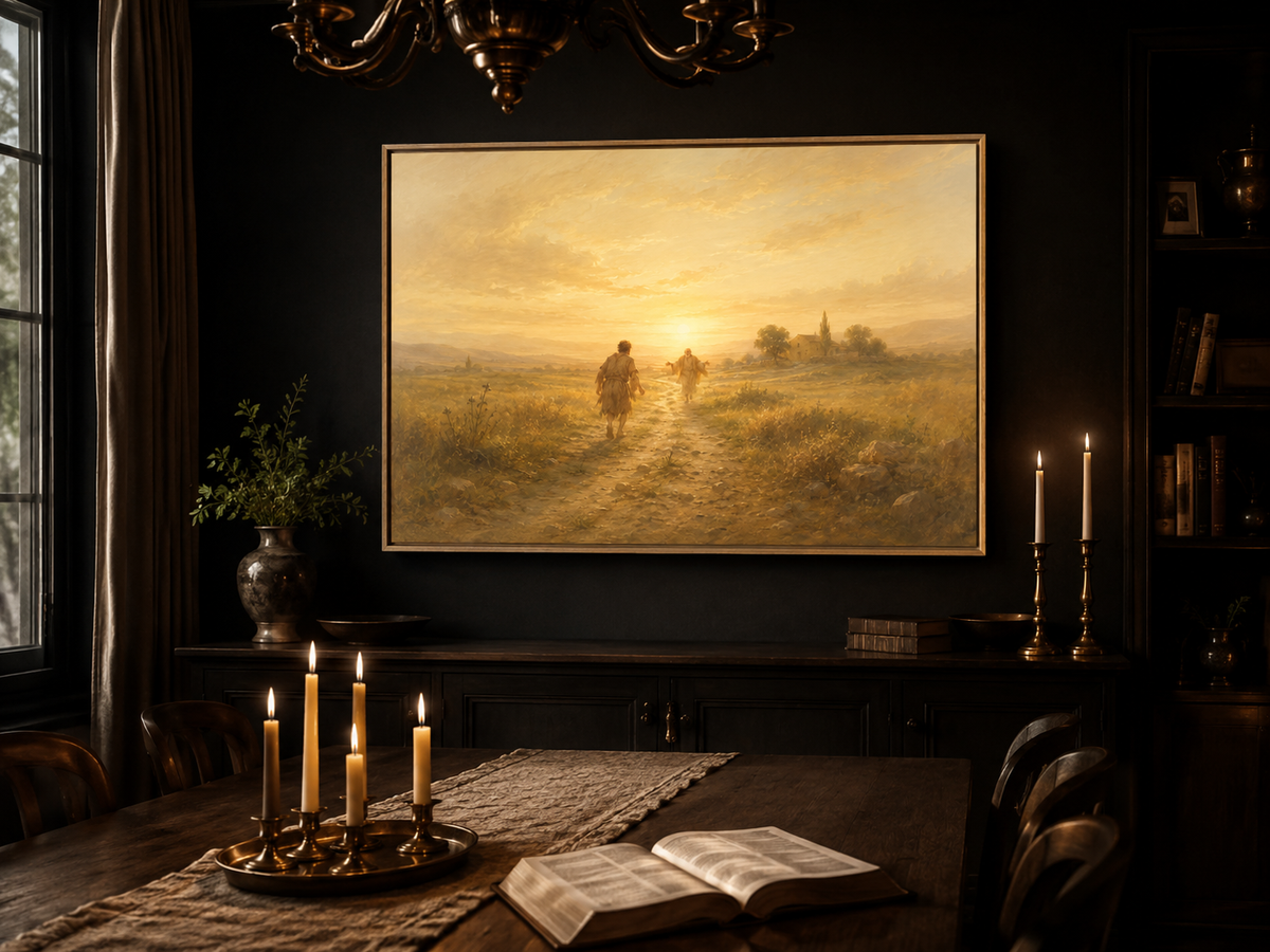 Prodigal Son canvas in a dark dining room with lit taper candles, brass chandelier and open Bible