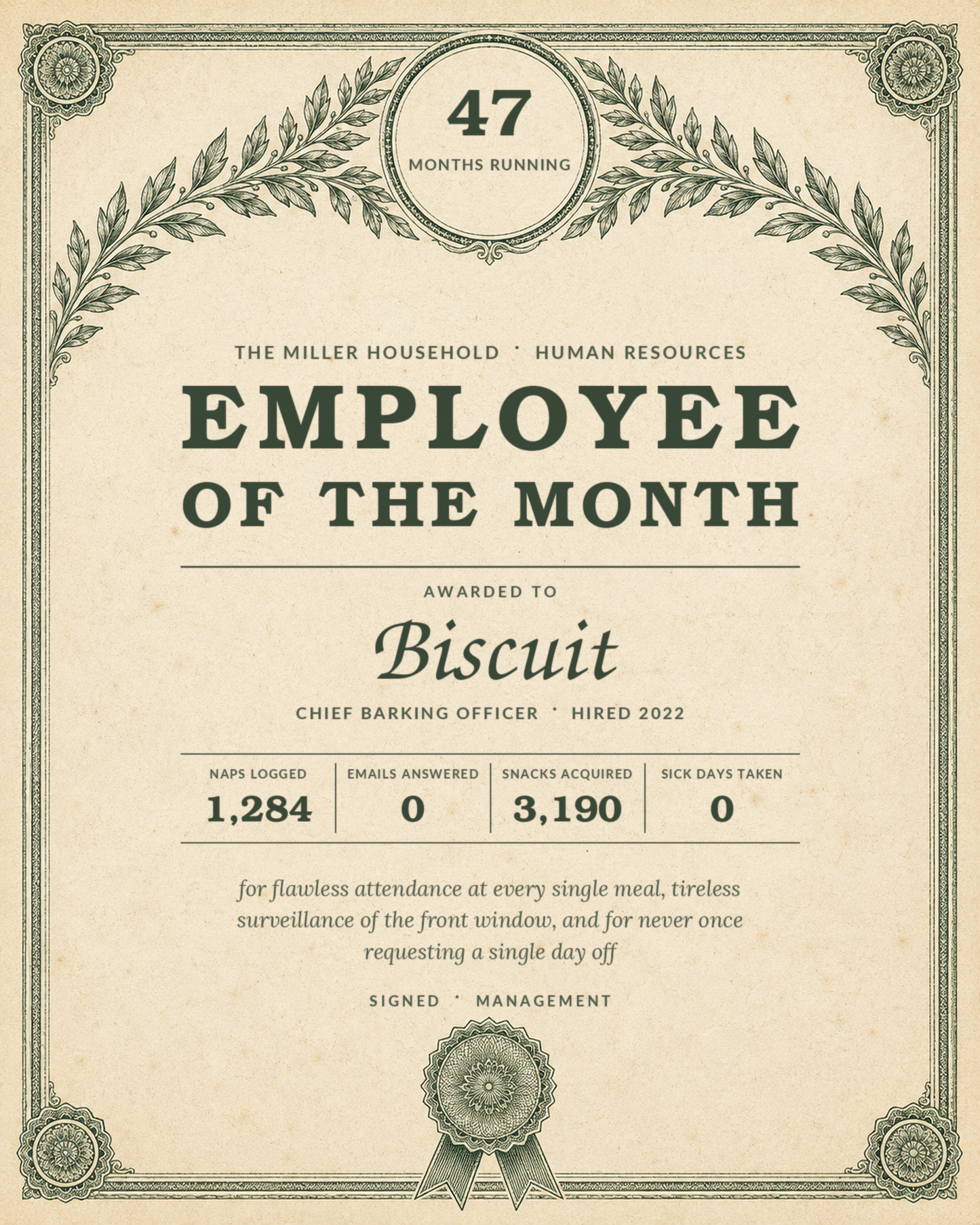 Flat art of the personalized pet Employee of the Month certificate with sample name Biscuit