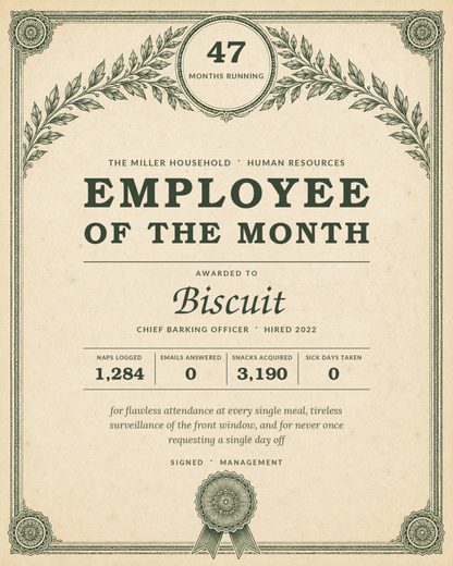 Flat art of the personalized pet Employee of the Month certificate with sample name Biscuit