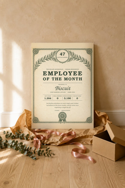 Pet Employee of the Month print unwrapped as a gift with kraft paper and ribbon