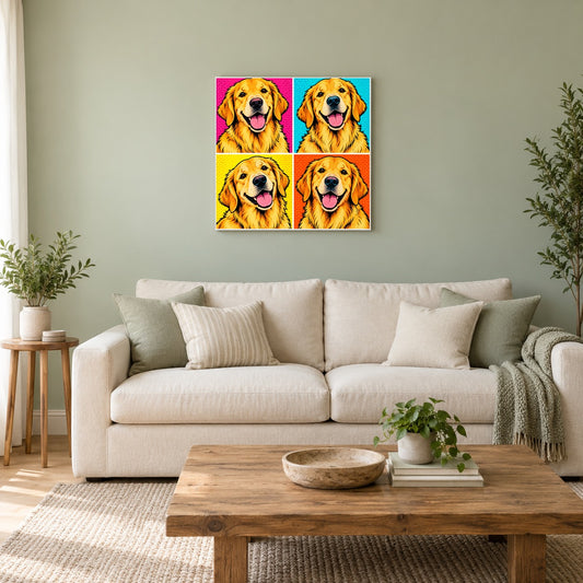 Custom pop art 4-panel pet portrait canvas hanging in a sage green living room