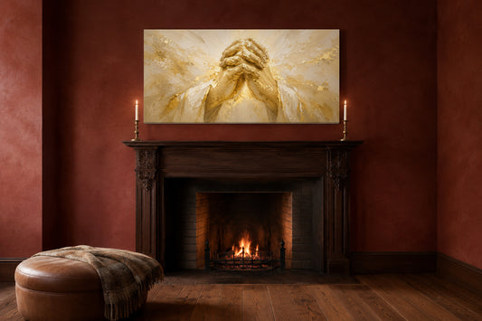 Gold impasto praying hands canvas above a carved walnut fireplace mantel in an oxblood sitting room