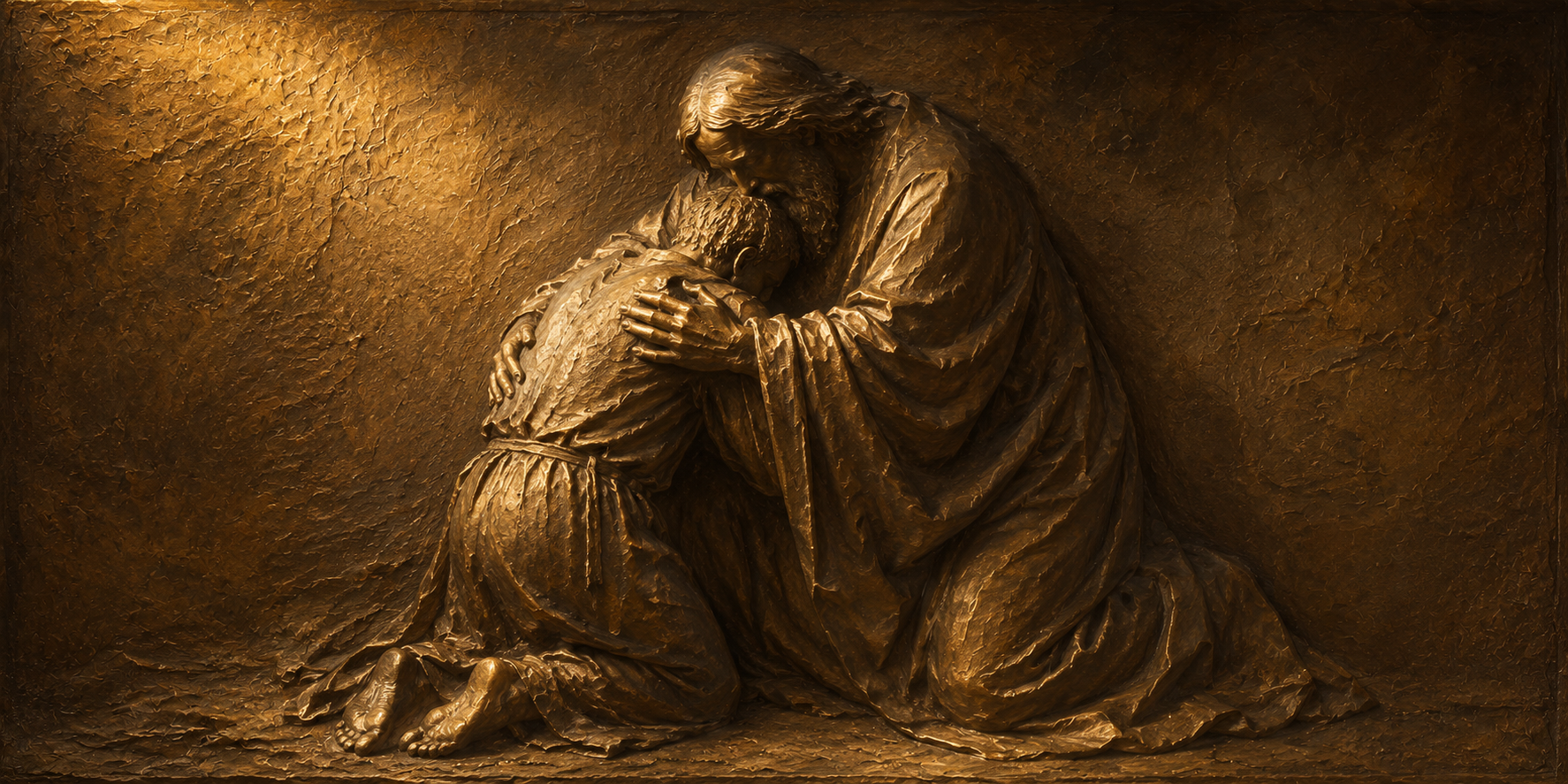 Bronze bas-relief artwork of the father embracing the kneeling prodigal son, Luke 15, antique gold and umber