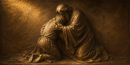 Bronze bas-relief artwork of the father embracing the kneeling prodigal son, Luke 15, antique gold and umber