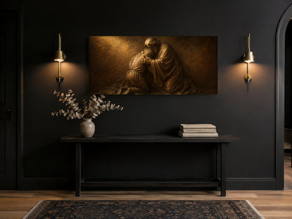 Prodigal Son bronze relief canvas on a charcoal wall above a dark console between brass sconces with eucalyptus in a stone vase
