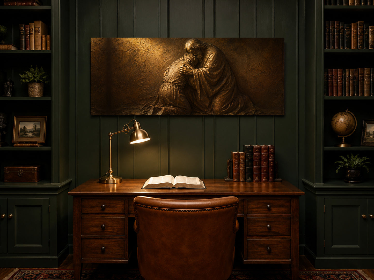 Prodigal Son bronze relief panoramic canvas hung in a deep forest-green study above a walnut desk with a brass lamp and an open Bible