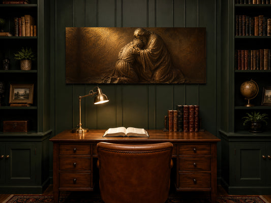 Prodigal Son bronze relief panoramic canvas hung in a deep forest-green study above a walnut desk with a brass lamp and an open Bible