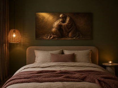 Prodigal Son bronze relief canvas above a bed on a dark olive wall with a rattan pendant and plum throw