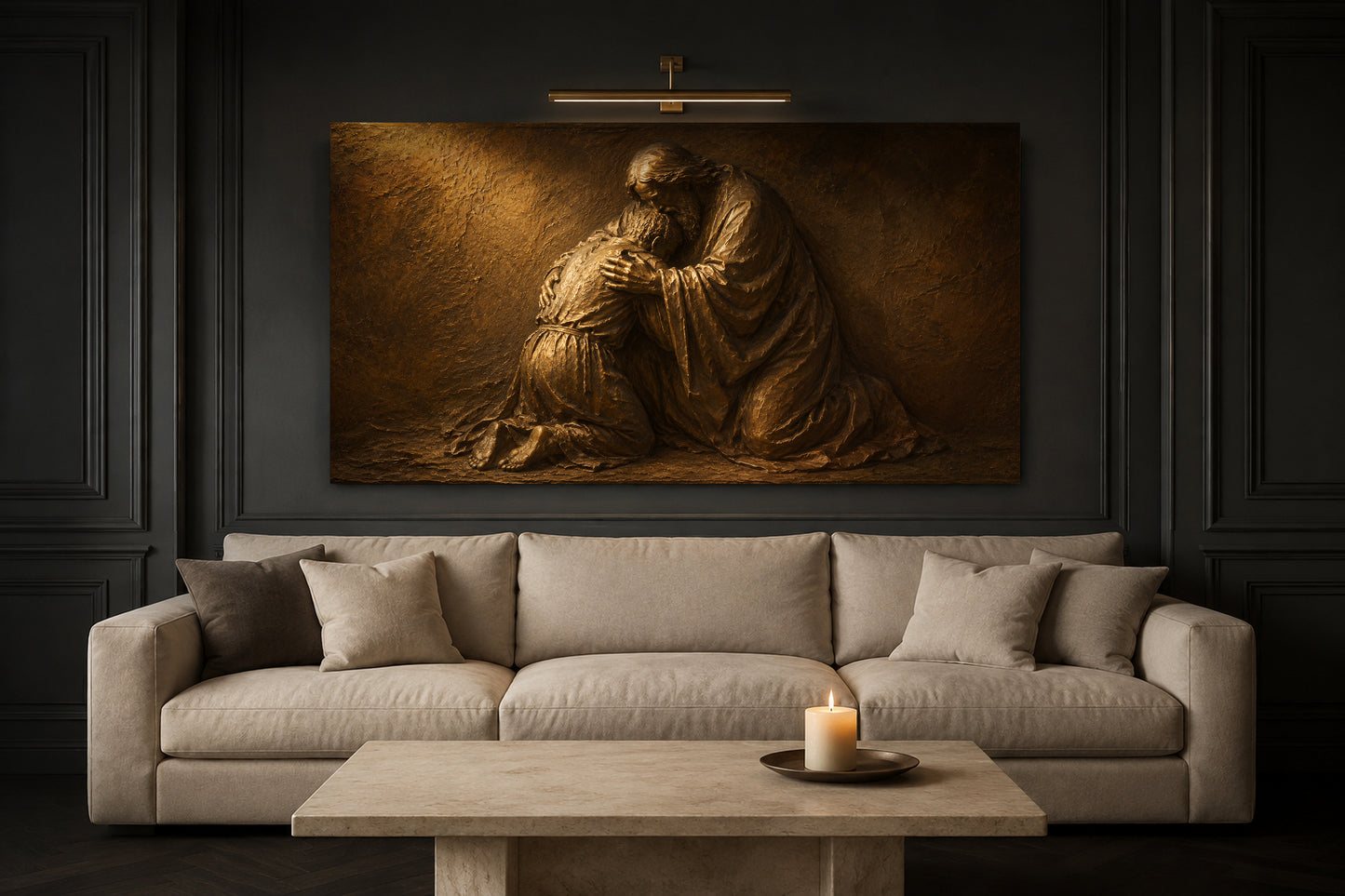 Prodigal Son bronze relief canvas above a cream linen sofa on a charcoal panelled wall with a brass picture light and candle